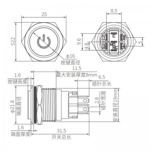 Interruptor de botão de pressão personalizado de 19 mm sem travamento automático