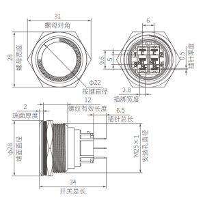 Interruptor antivandalismo plano de iluminação de anel de 25 mm DPDT