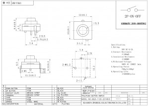 JBL8-1120-201 Плоский кнопочный переключатель ON-OFF, 12x12 мм, 2 контакта, сквозное отверстие, DIP, вертикальный